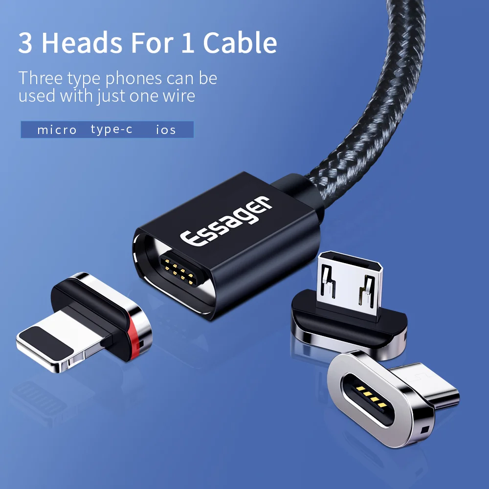 

2019 Essager 3 in 1 magnetic charging cable,super strong nylon braided data cable 1m 2m usb cable for mobile phone