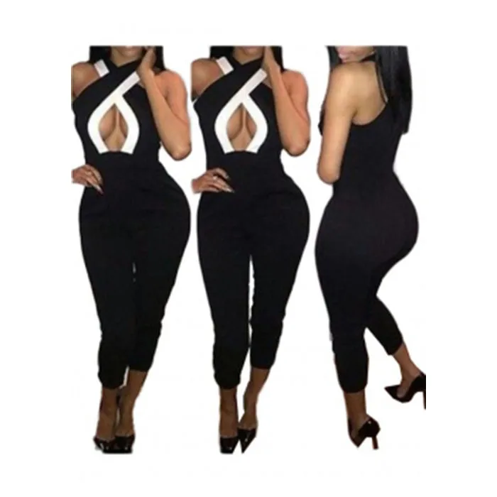 

Wonder Beauty Women Black Sexy Cross Halter Hollow Out One Piece Long Jumpsuit