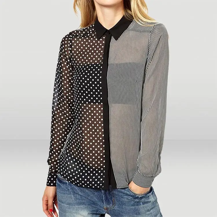 

Leisure black and white vertical stripes ladies transparent blouse