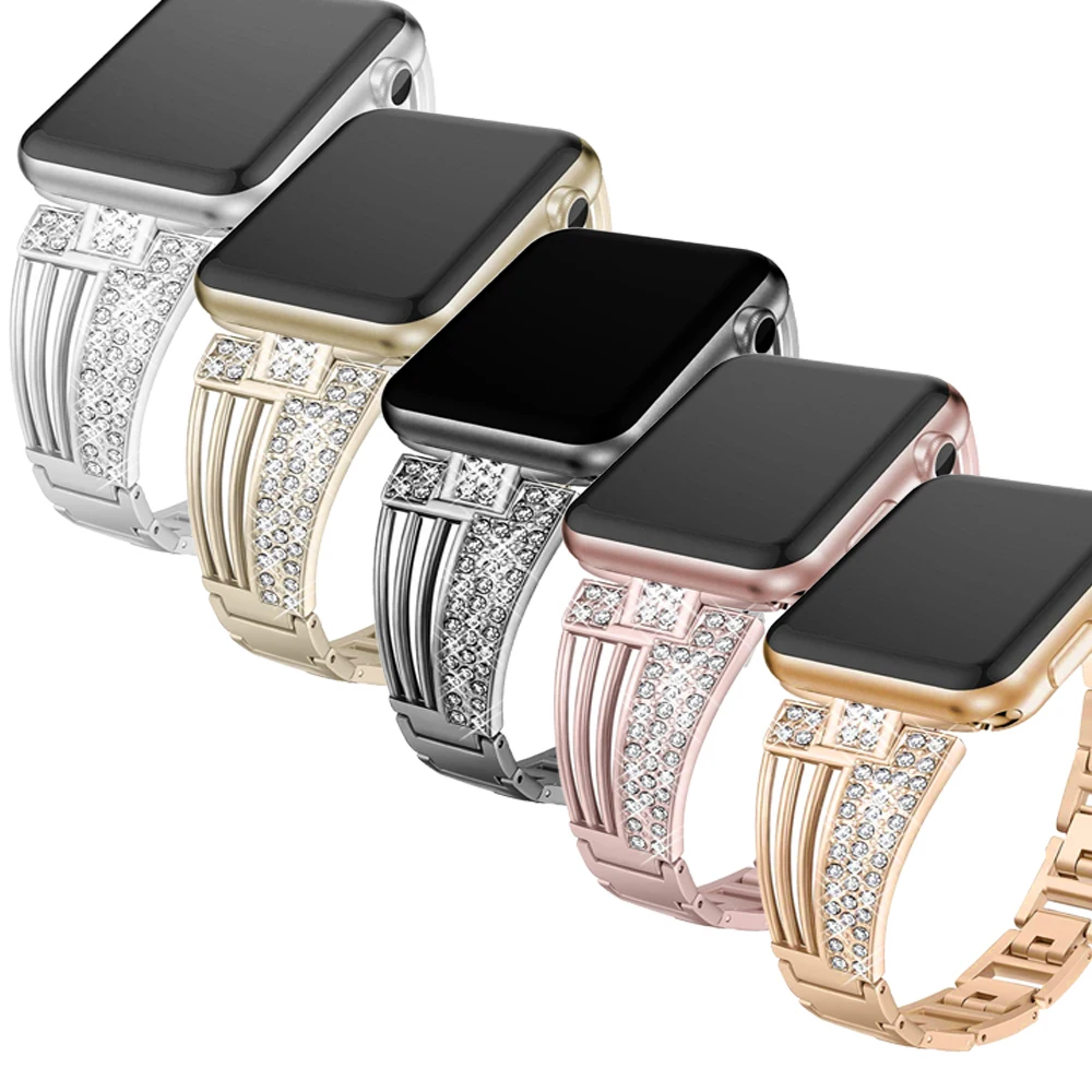 

38mm 42mm Luxury Diamond Link watch band For Apple Watch Bling-bling watch band stainless steel Loop strap, Champagne gold /silver/ black /rose pink/ rose gold