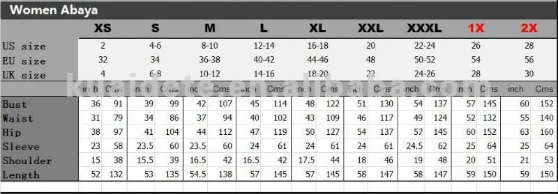 KJ SIZE CHART FOR WOMEN
