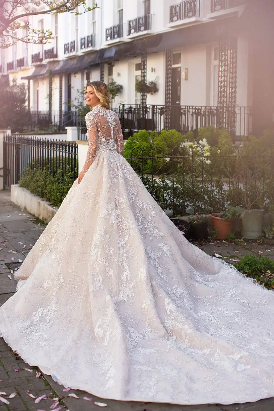 ASA0656 lace long tail elegant detachable tops bride gown long sleeve wedding dress 2019