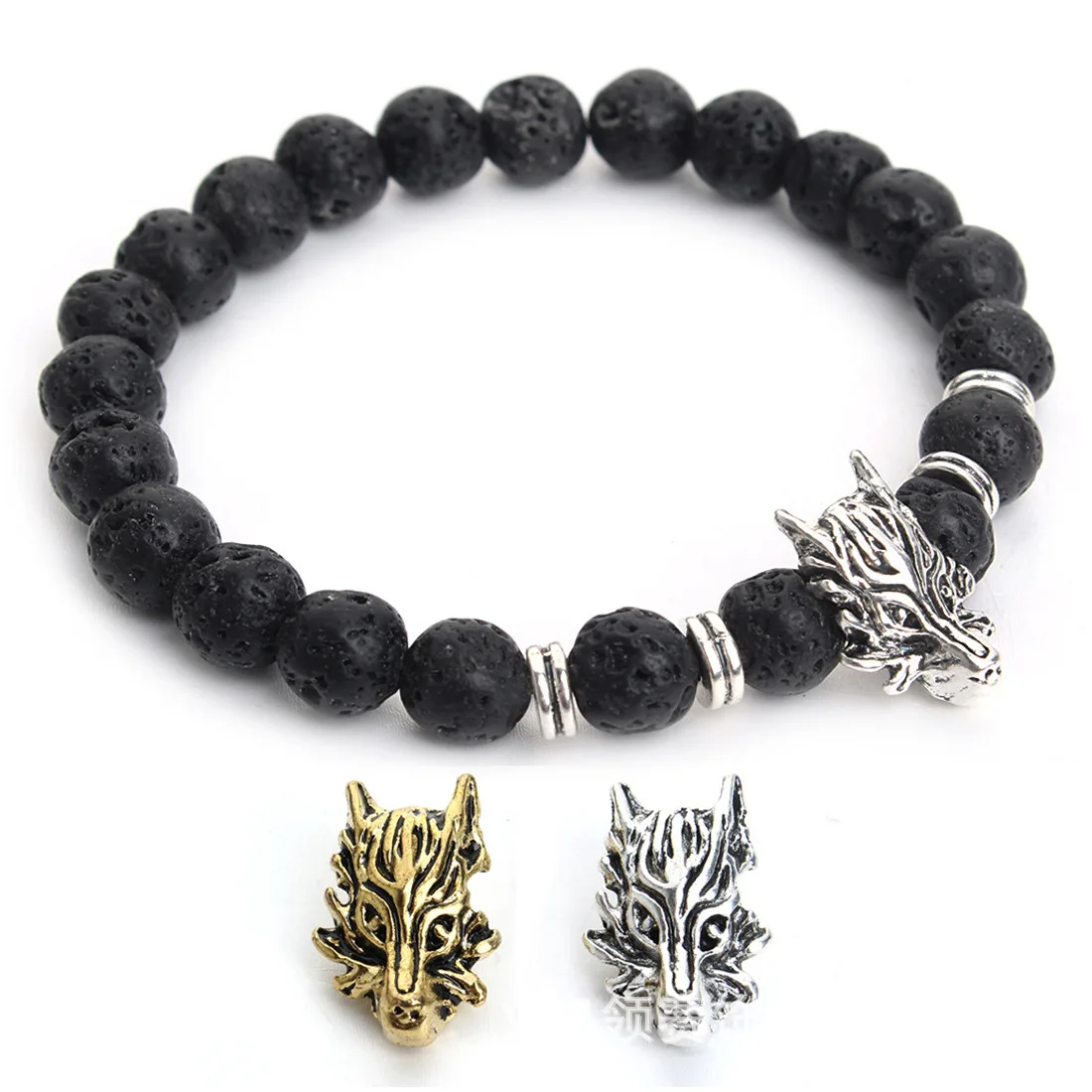 

New Arrival 8MM Volcanic Stone Vintage Style Dragon Head Beads Bracelet For Men, As picture