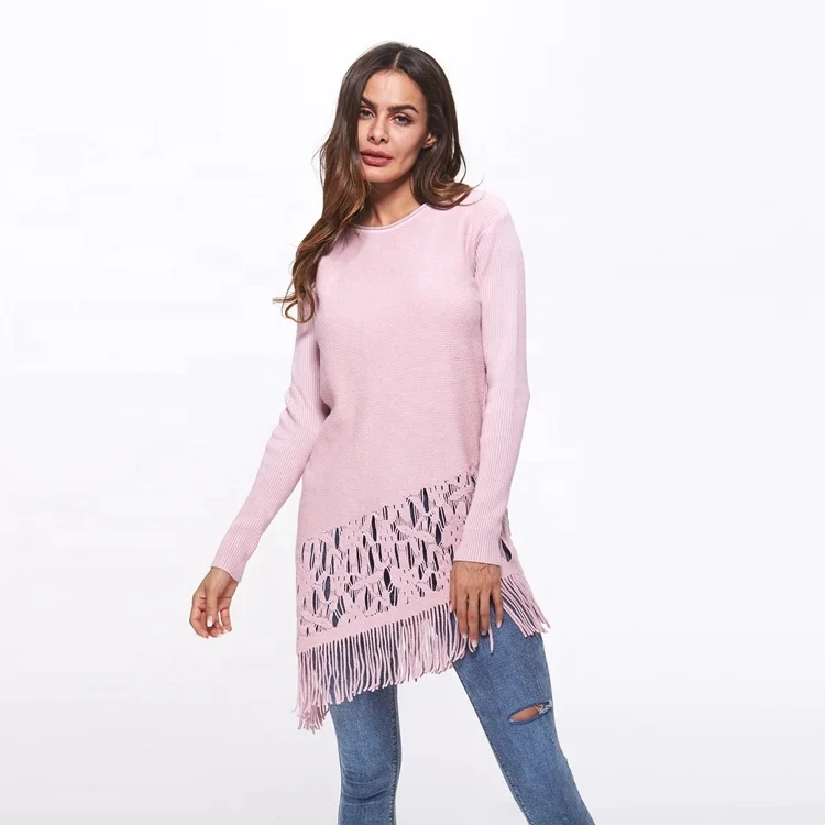 

2018 Autumn Winter New Arrival Woman Pullover Crew Neck Tassel Long Sweater With 9 Colors