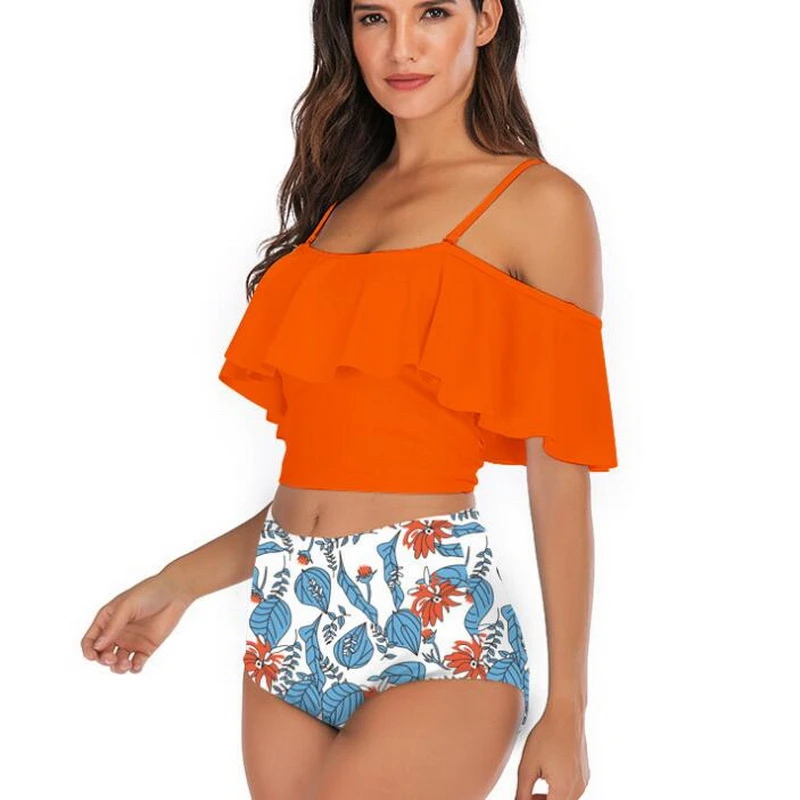 

Free Shipping 2019 New Custom Two Pieces High Waist Floral Swimsuit Ruffles Sexy Off Shoulder Bikini Women Swimwear