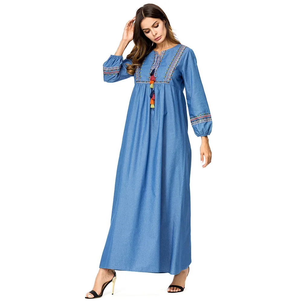 

Muslim Women's Clothing Islamic Printing Blue Maxi Dress With Embroidery