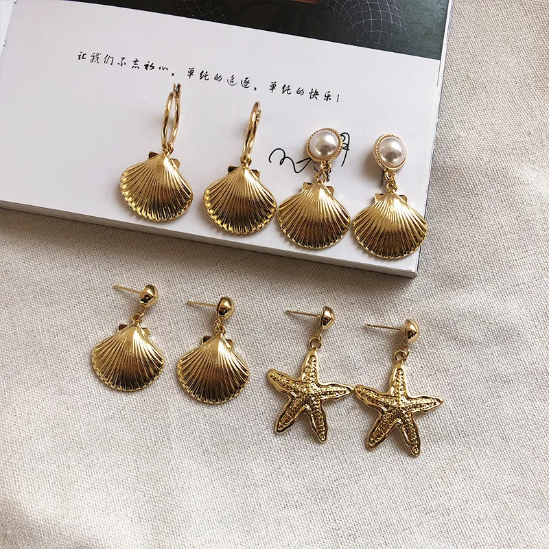 

k gold plated elegant cowrie shell drop earrings personalized creative women girl's fashion sea shell dangle earrings, Picture
