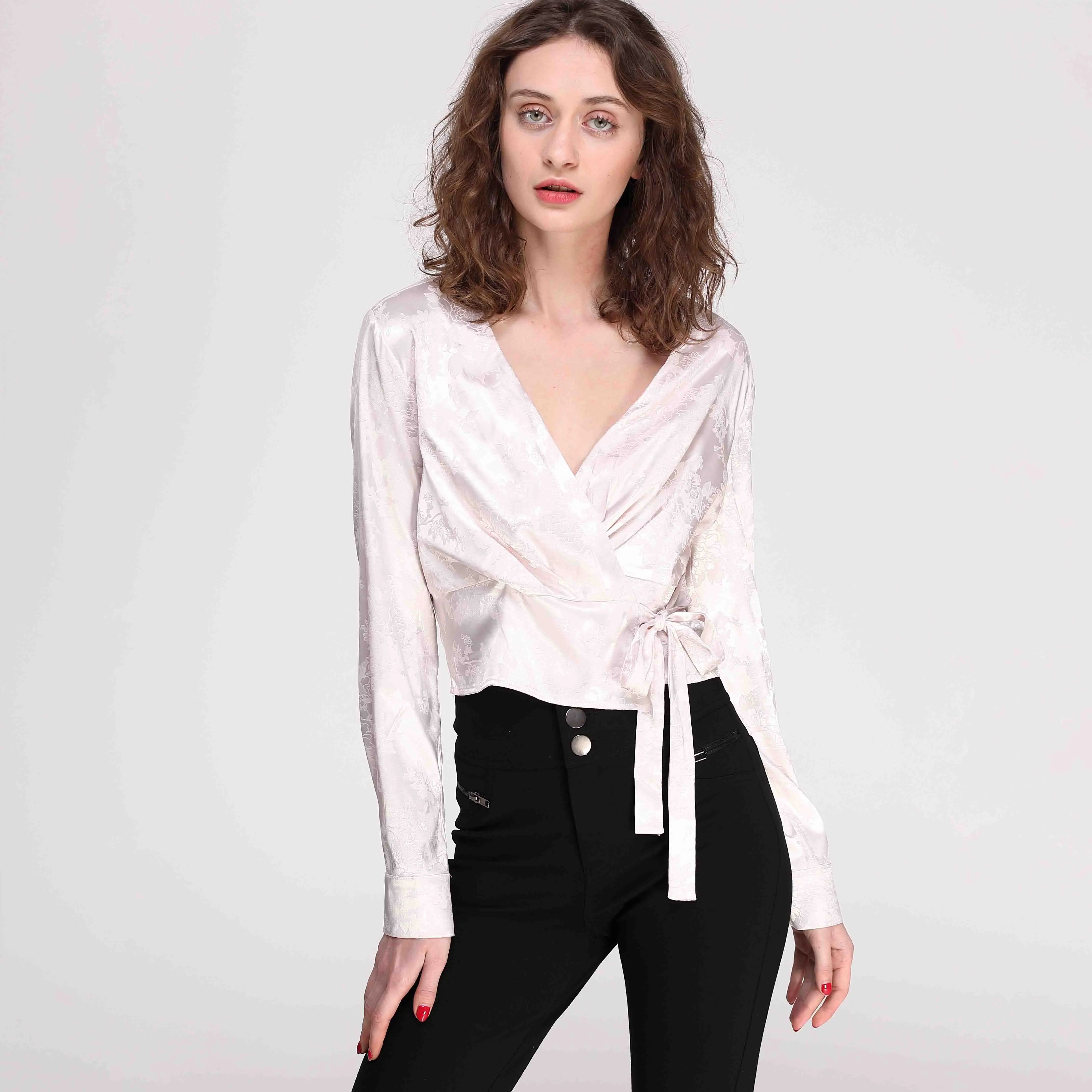 

V Neck Chinese Sexy Women Satin Silk Blouse Tops Design Model Fashion Femme Blouse With Belt