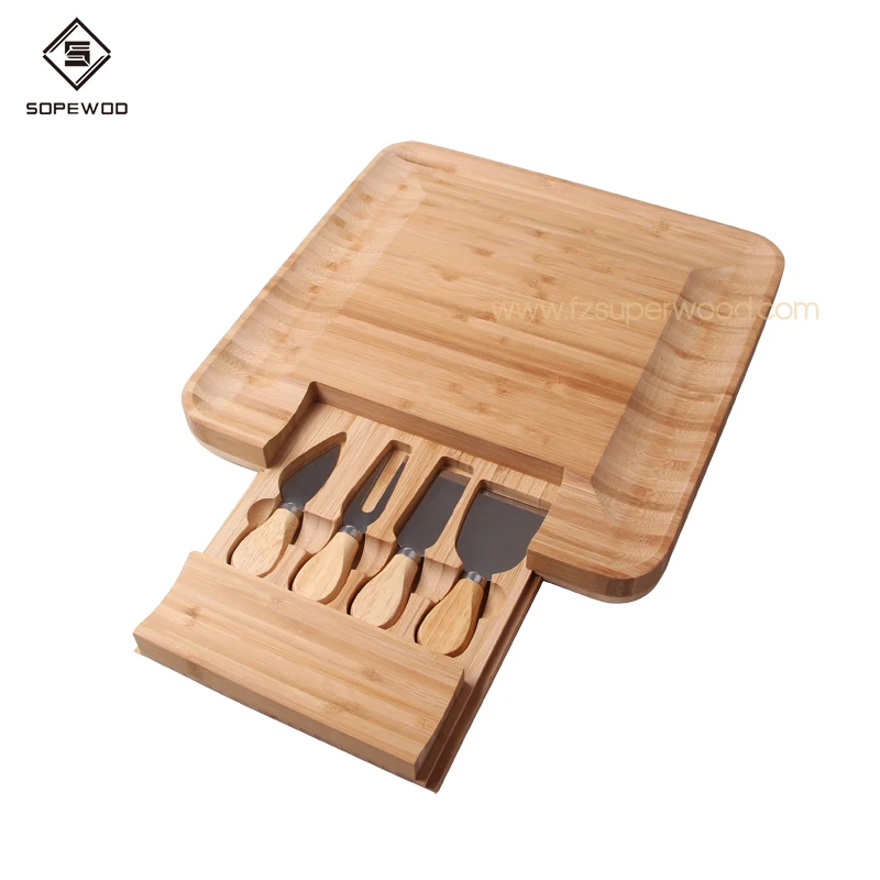 

Custom kitchen bamboo cheese cutting board set with cutlery tray