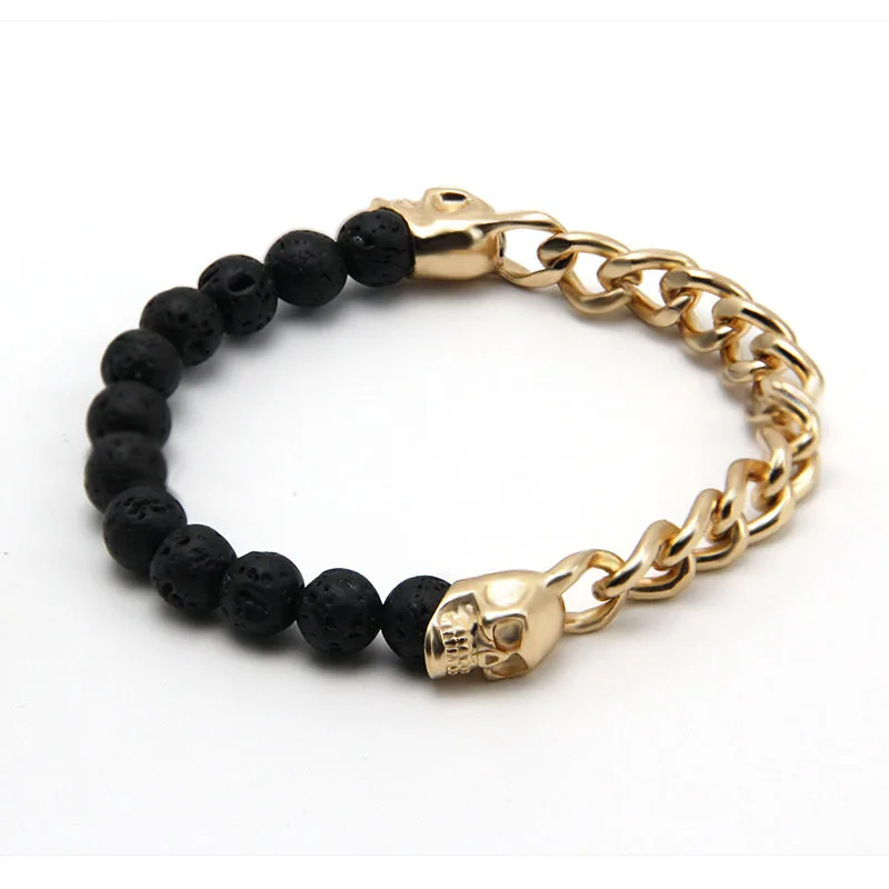 

2019 Hot Selling MOQ Volcanic Rock Scrub Natural Stone Jewelry Metal Skull Bracelet Jewelry Fashion Bracelet For Gift, As picture