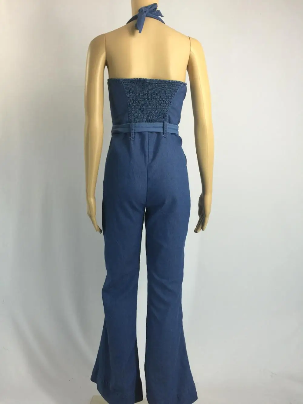 Hajotrawa Womens Ruched Denim Belt Halter Simple Washed Backless Wide Leg Playsuit Jumpsuits 