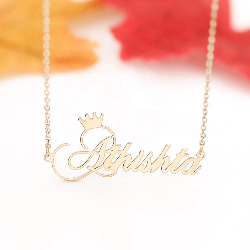 

Personalized Name Crown Handmade Customized Cursive Font Name plate Pendant Stainless Steel Chain necklace Birthday Gifts, Rose gold/gold/silver
