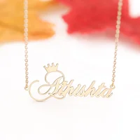 

Personalized Name Crown Handmade Customized Cursive Font Name plate Pendant Stainless Steel Chain necklace Birthday Gifts