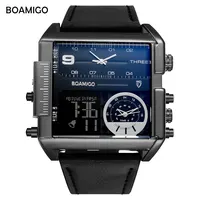 

Unique Design Square Military Big Dial Leather 3 Time Zone Alarm Led Clock Waterproof Sports Boamigo Quartz Digital Men Watch