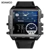 Unique Design Square Military Big Dial Leather 3 Time Zone Alarm Led Clock Waterproof Sports Boamigo Quartz Digital Men Watch