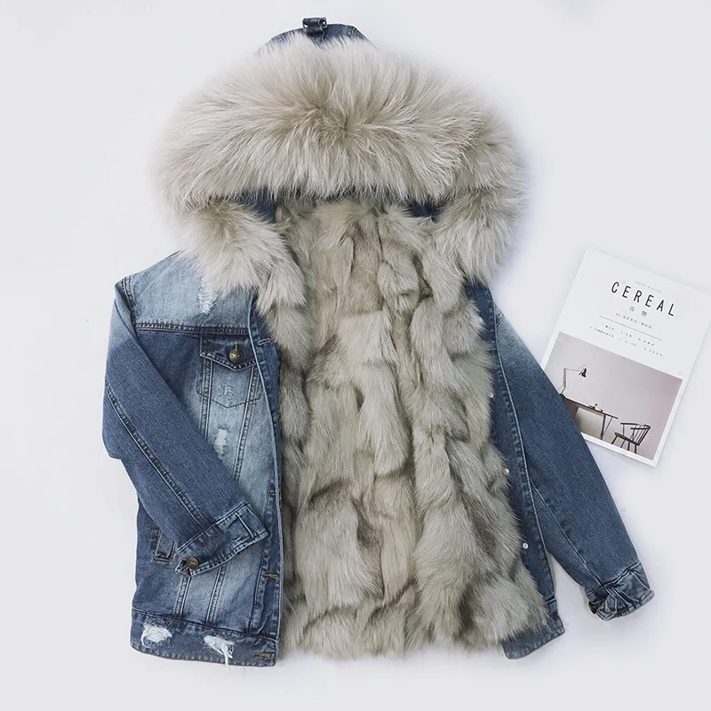 denim winter coat with fur hood