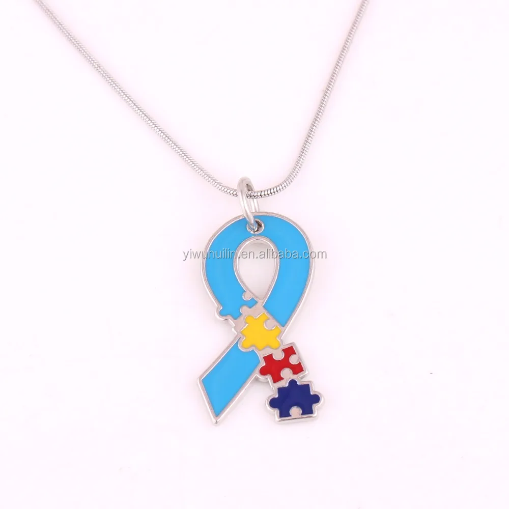 

Blue Enamel Color Puzzle Piece Autism Ribbon Simple Chain Necklace