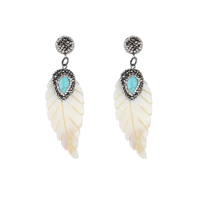 

Wholesale Feather Shaped Shell Carvings Earrings Paved Kallaite Crystal Charm Earrings Jewelry For Women, Colors