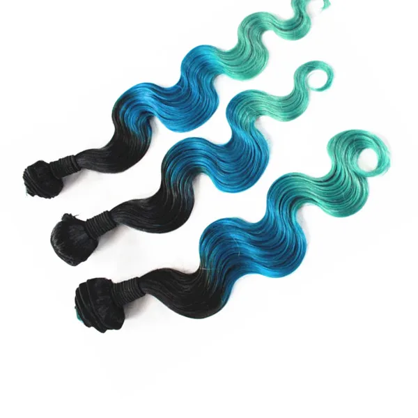 

Best Selling Cheap Colored Three Tone Body Wave Brazilian Hair Weave, Black blue and green color hair