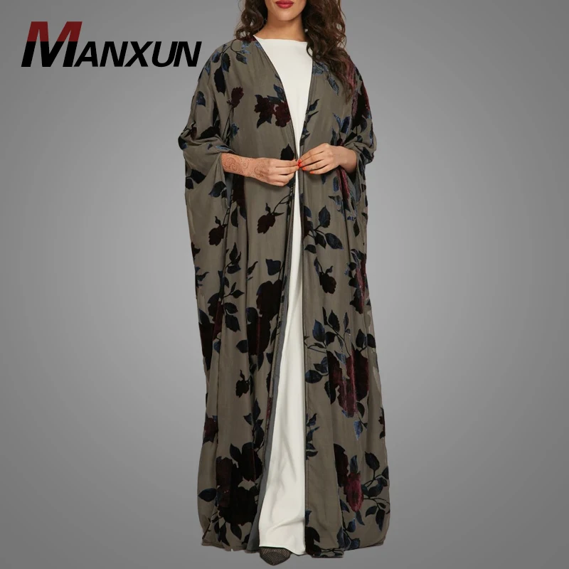

Black Print Floral Kimono Cardigan Elegant Muslim Dress Front Open Abaya Islamic Clothing Arabic Women Maxi Dress