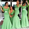 ZH1832G Stylish Green Mermaid Satin Long Bridesmaid Dresses with Half Long Sleeves Sweep Train Prom Gown