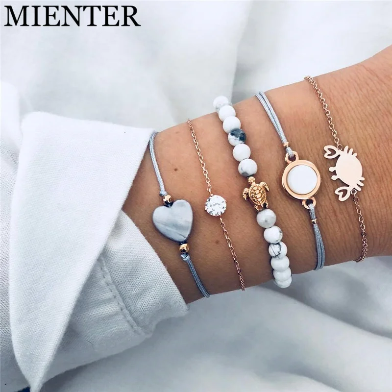 

5 pcs/set braided bracelet gold metal tortoise turquoise heart shape stone beads crab charm bracelet set, Picture