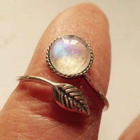 

2018 New design silver Handmade Natural Leaves Moonstone Ring adjustable leaf colorful crystal Rings for women girls best gifts