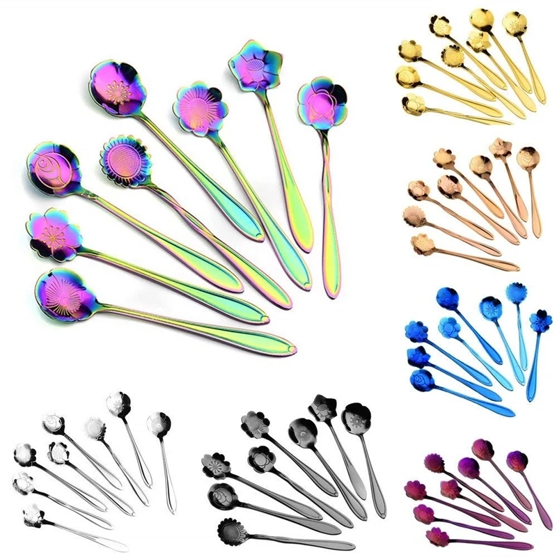 

Multicolor 8Pcs Stainless steel Coffee Spoon Flower Shape mini teaspoon