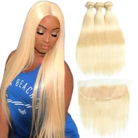 

Highknight 613 Blonde Straight Human Hair Weave Mink Brazilian Hair Bundles With Lace Frontal Closure