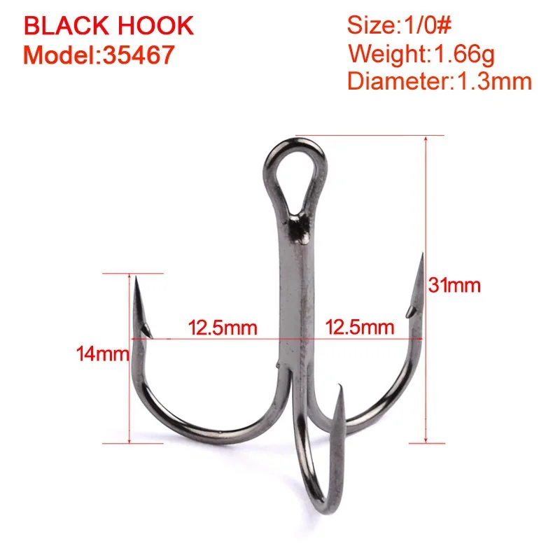 Top 10PC/Box Black Color Fishing Hook 1/0#2/0#3/0# High Carbon Steel Treble Hook 