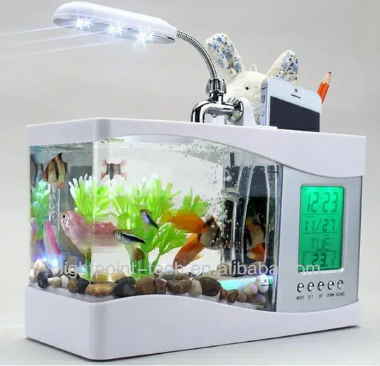 

Gift Mini LCD Display Desktop Fish Tank Aquarium USB Aquarium LED Clock Light desktop calendar