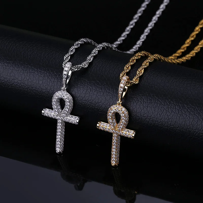 

Hip Hop Twist Chain Necklace Micro Pave Cubic Zircon Solid Ankh Cross Pendant Egyptian Style Necklace For Men Women (KHP036), As picture