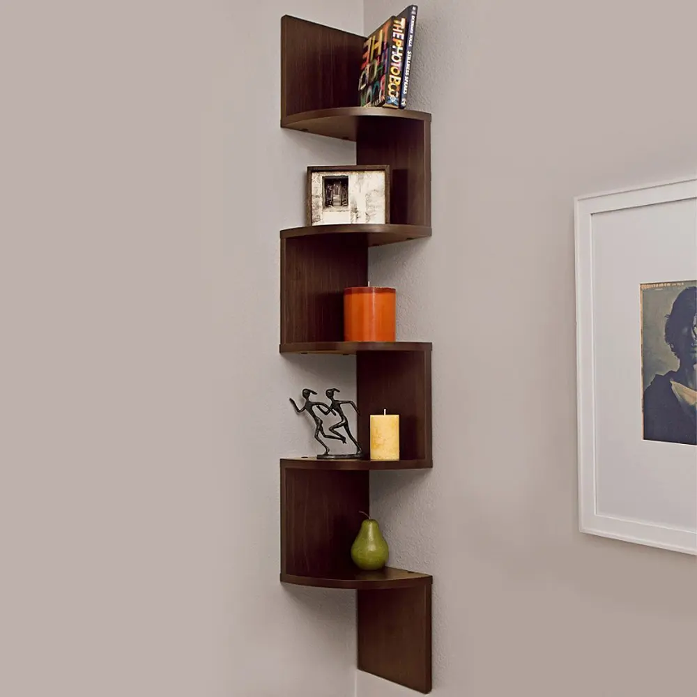 Buy Houseables Corner Wall Book Shelf, 5 Tier, Walnut, Floating Side