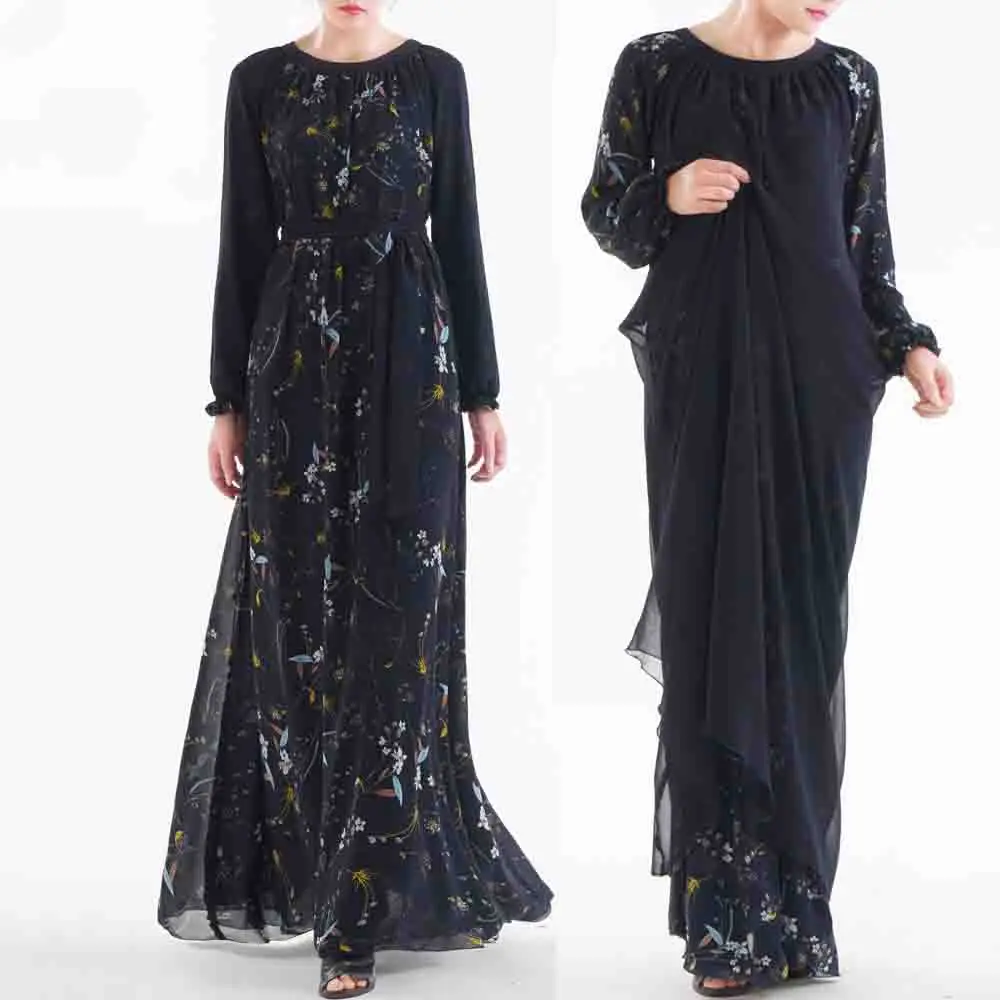 

Four seasons double side vintage chiffon printed Muslim dress, Black