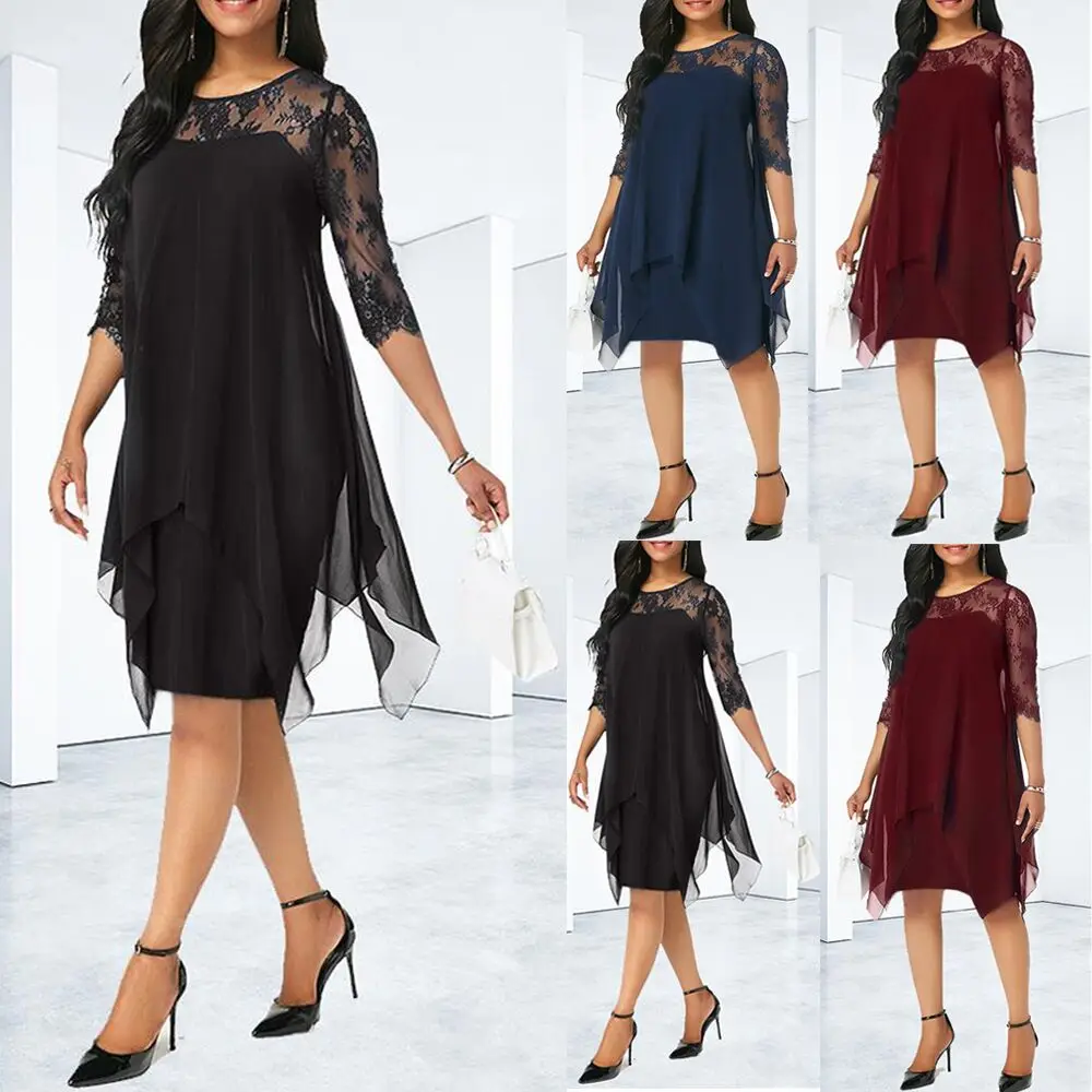 

Wholesale 2022 fashion sexy ladies O-Neck lace Chiffon Women Dresses (C309), Picture