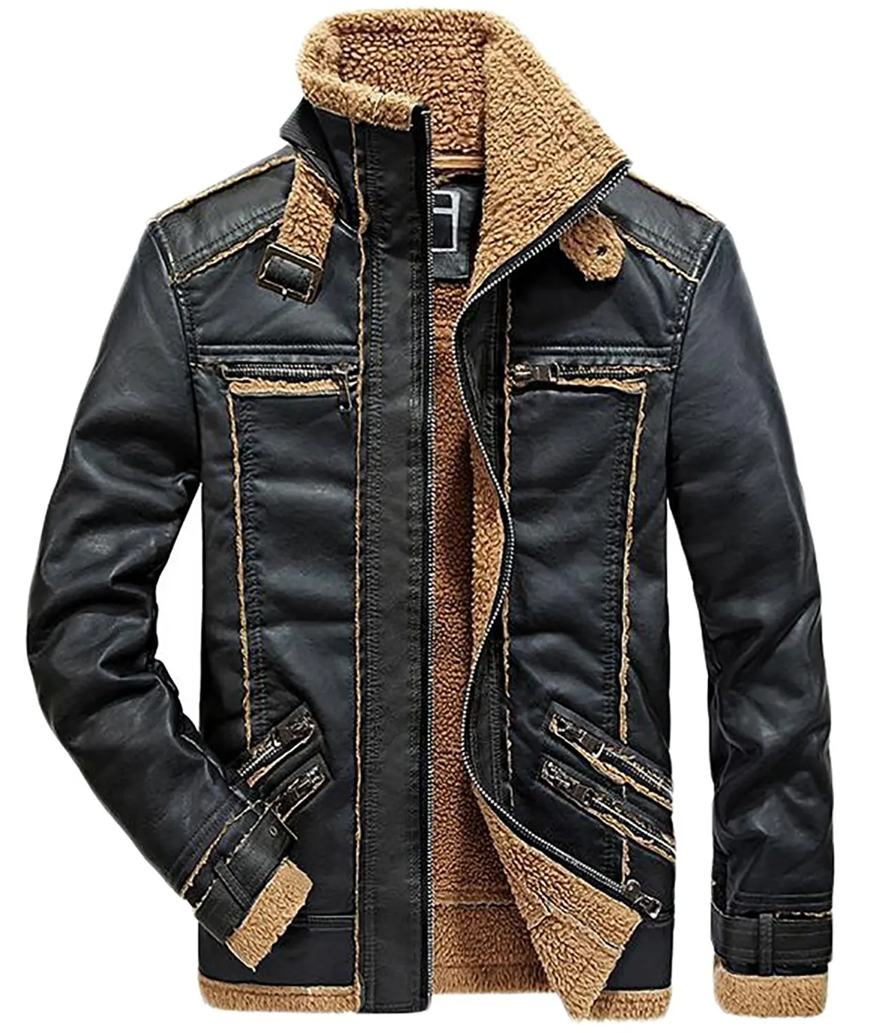 XQS Mens Stand Collar PU Faux Motocycle Jacket Leather Jacket