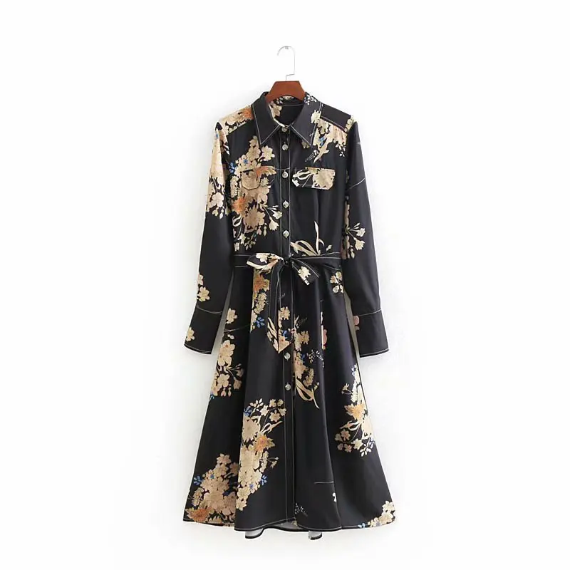 

Wholesale turn down collar women long sleeve black dress floral print early spring fashion clothing, N/a