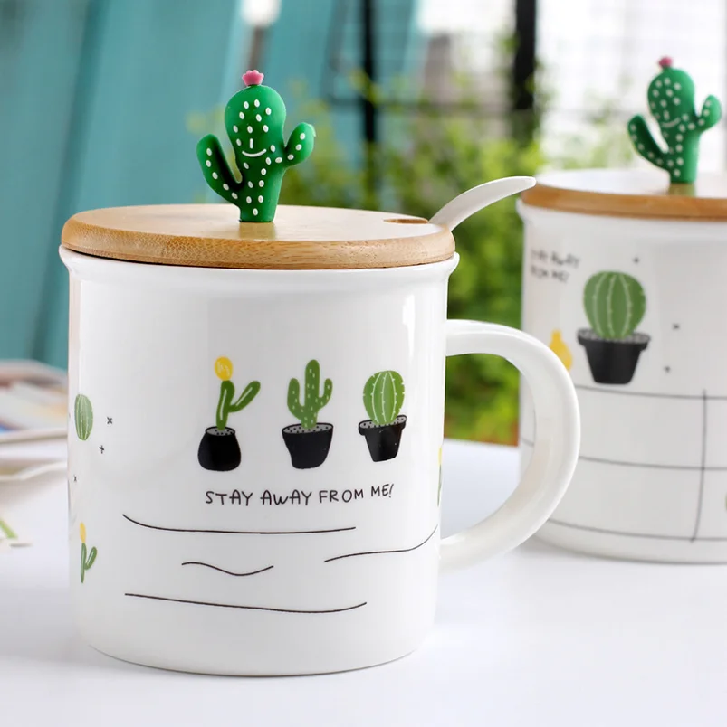 

HT200081 Cactus bamboo cover porcelain spoon ceramic cup cartoon plant mug with lid spoon coffee cup breakfast cup, Refer to pictures