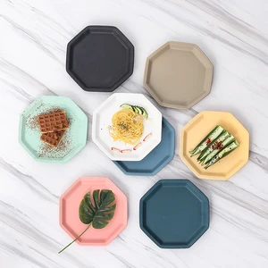 Image of Octagonal Petal-edged Ceramics Dessert Salad Plate Makaron Colorful Steak Plate INS Dessert Dish for Party