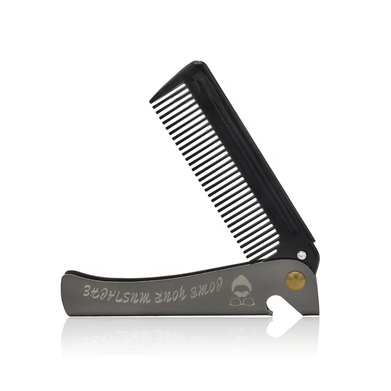 

Fashion Men Beard Logo Printed Stainless Steel Comb Bottle Opener Folding Metal Comb