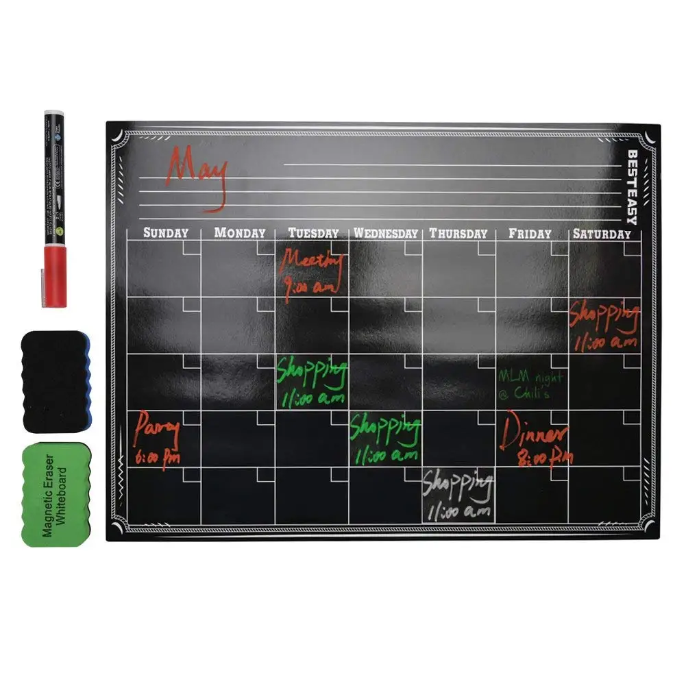PAPRMA Dry Erase Monthly Calendar Set for Kitchen Refrigerator 1 Marker// Best Smart Planners 16 x 12 Large Magnetic Black Board 2 Erasers