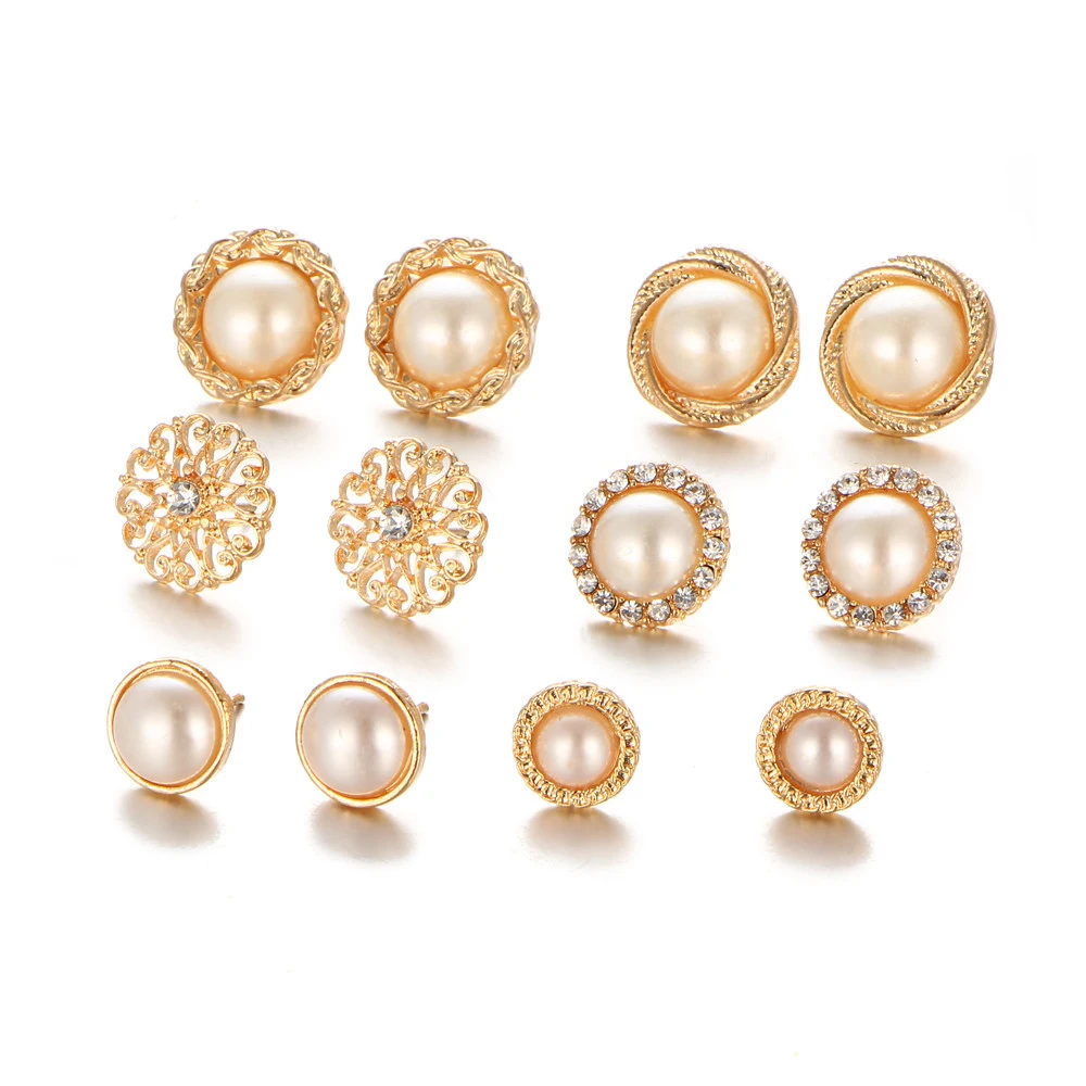 

Gold Color Flower Hollow Stud Earring Vintage Crystal Simulated Pearl Earrings Set For Women Wedding Jewelry 6 Pairs/S NS2018032