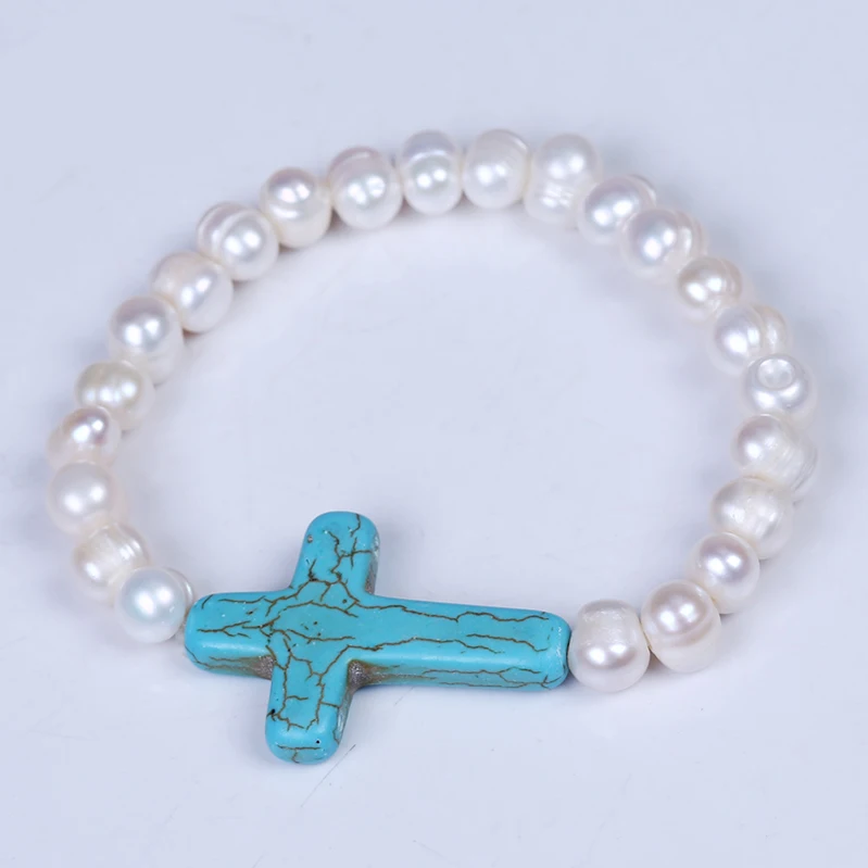 

Fashion pearl jewelry natural pearl beads with cross turquoise bracelet jewelry, White,green