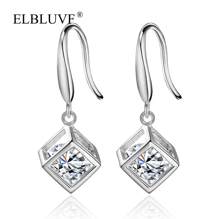 

ELBLUVF Copper Alloy Zircon Jewelry S925 Silver Plated Block Shape Earrings Wholesale, White gold