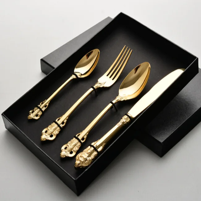 Wholesale Stainless Steel European Palace Design Gold And Silver Cutlery Set Metal Fork Knives And Spoon Gift Flatware