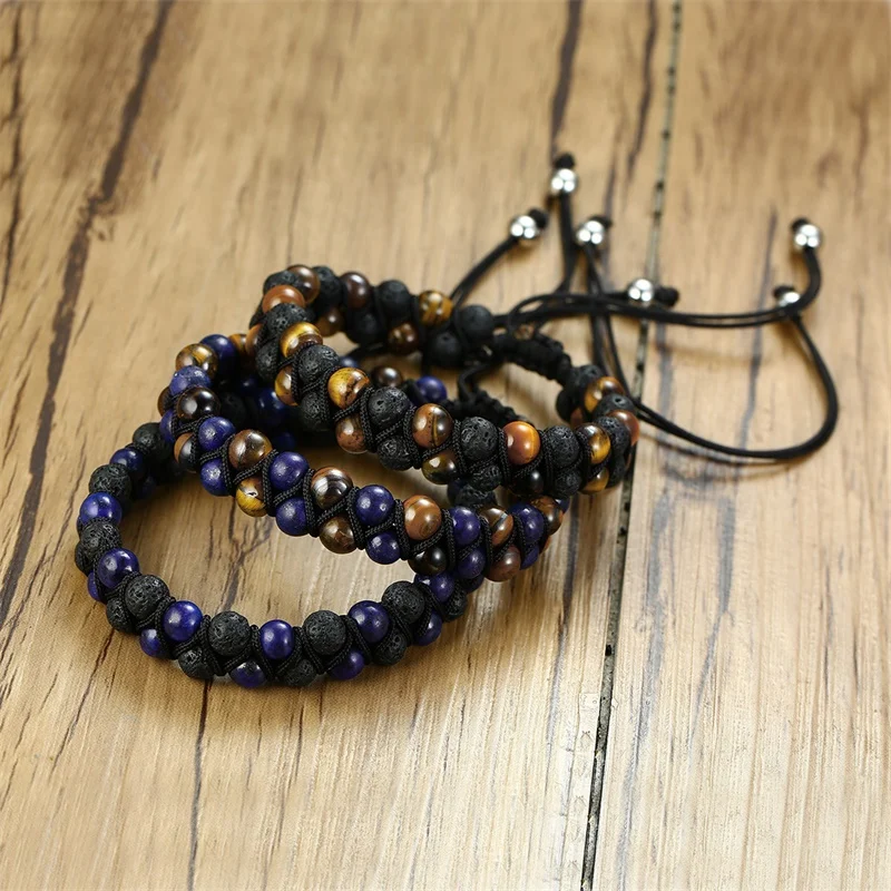 

2019 New Arrivals Double Layer Braided Adjustable Bracelet Natural Tiger Eye Stone With Volcanic Lava Stone Handmade Bead Cord, Like the picture show you