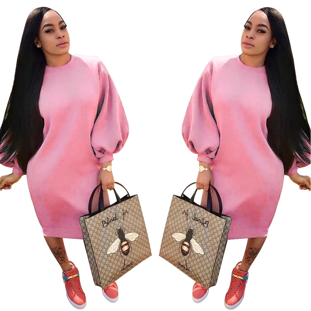 

KC-SA3460 Kuchi-Global wholesale women casual loose pink solid hoodie dress