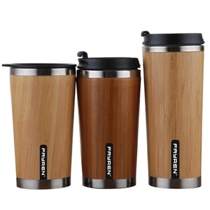 Image of New style customizable eco bamboo outside 18 / 8 stainless steel inside BPA-free auto travel bamboo coffee mug