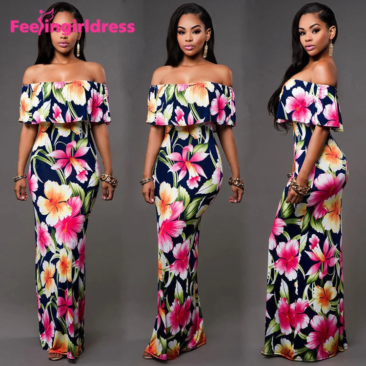 

Wholesale Plus Size Summer Party Wear Print Floral Women Evening Maxi Off-Shoulder Dress, N/a