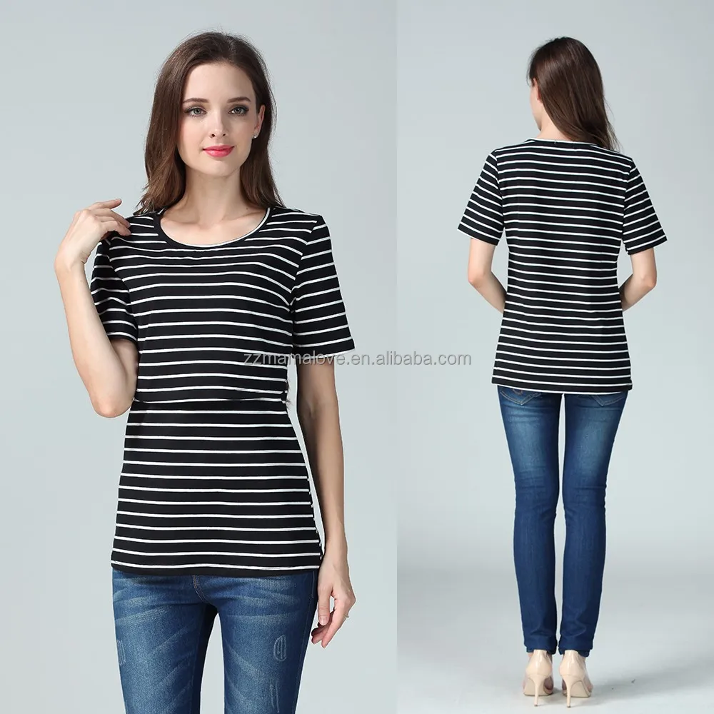 

O-neck Black and white stripe nursing shirts short sleeveless breastfeeding clothes maternity clothing